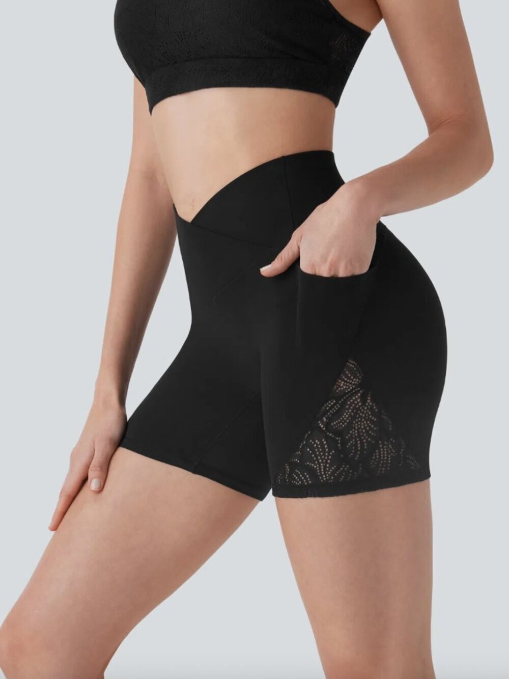 Halara SoftlyZero™ High Waisted Crossover Contrast Lace Yoga Biker Shorts 5''